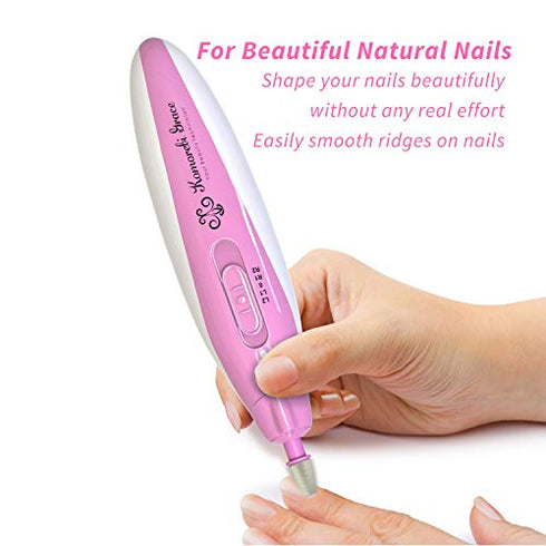 Electric Nail File Manicure & Pedicure Set: 2-Speed Battery Operated Nail File Kit w Portable Nail Drill Grinder, Buffer, Shaper, Polisher and Cuticle Pusher for Natural Finger Nails & Toe Nails Care
