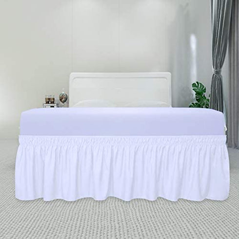 PureFit Wrap Around Ruffled Bed Skirt with Adjustable Elastic Belt - 18 Inch Drop Easy to Put On, Wrinkle Free Bedskirt Dust Ruffles, Bed Frame Cover for Queen, King and C-King Size Beds, White