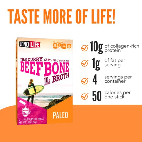 LonoLife - Thai Curry Beef Bone Broth Sticks - 10g Collagen Protein - Grass-Fed, Gluten-Free - Keto & Paleo Friendly - Portable Individual Packets - 4 count