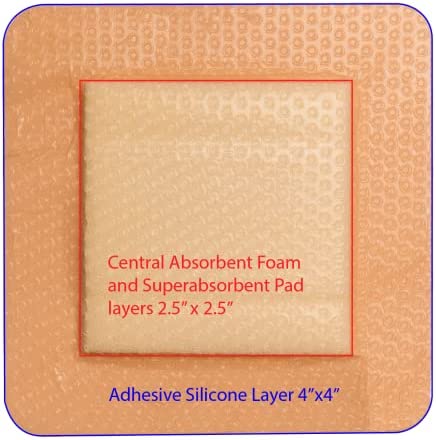 Ultra-Absorbent Silicone Foam Dressing with Border (Adhesive) Waterproof 4" X 4" (10 Cm X 10 Cm) (Central Ultra-Absorbent Foam 2.5" X 2.5") 10 Per Box (1) Wound Dressing by Areza Medical