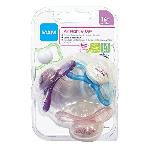 MAM Air Day & Night Baby Pacifier, for Sensitive Skin, Glows in The Dark, 3 Pack, 16+ Months, Girl,3 Count (Pack of 1)