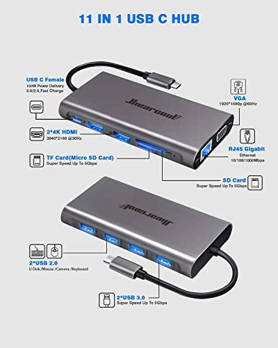 Hiearcool USB C Hub,USB-C Laptop Docking Station,11 in 1 Triple Display Type C Adapter Compatible for MacBook and Windows(2HDMI VGA PD3.0 SD TF Card Reader Gigabit Ethernet 4USB Ports)