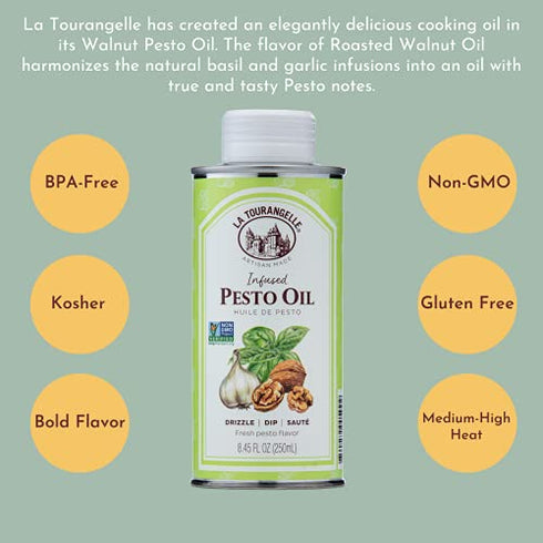 La Tourangelle, Pesto Infused Sunflower Oil, Drizzle onto Pasta and Salads, Whisk in Seasonings for Easy Dipping Sauce, Vinaigrette, or Marinade, 8.45 fl oz