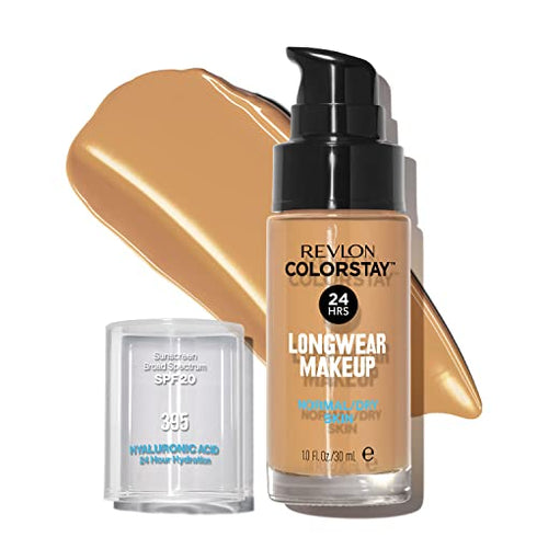 Liquid Foundation by Revlon, ColorStay Face Makeup for Halloween Makeup Kit, Normal & Dry Skin, SPF 20, Longwear Medium-Full Coverage with Natural Finish, Oil Free, 395 Deep Honey, 1 Fl Oz