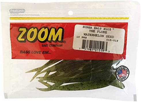 Bundle: Zoom Fluke Bait Lures - 4 1/4" Watermelon Seed 10 Pack, 4 1/4" White Pearl 10 Pack, 4 1/4" Smokin Shadow 10 Pack and 4 1/4" Baby Bass 10 Pack