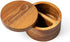 DecoVibe Acacia Salt Box Divided with Magnetic Swivel - 2-Compartment Wooden Spice Cellar - Elegant Wood Storage Keeper for Condiments, Seasoning, Pepper - Attached Spoon on Lid Cover - 3.9x3.9x2.5"