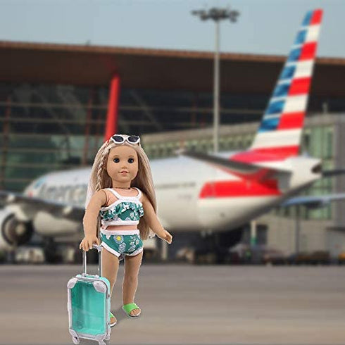 Doll Travel Set Suitcase,Travel Luggage Doll Accessories with Green Suitcase, Camera, Sunglasses, Bikini, Slippers, Notebook, Umbrella for Dolls
