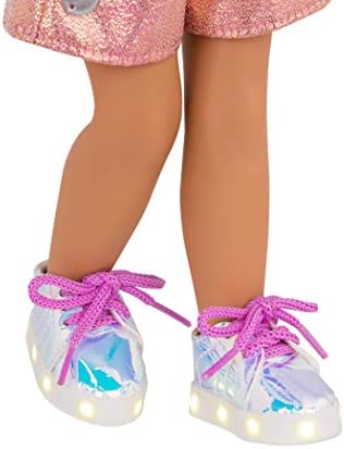 Glitter Girls – Cosmic Glow Light-up Shoes for 14-inch Dolls – Toys, Clothes, and Accessories for Ages 3 and Up (Glossy Fashion Sneakers with LED Lights), Brown/A