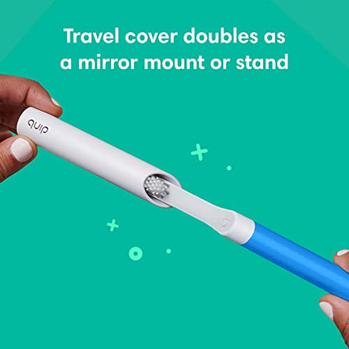 Quip Adult Electric Toothbrush - Sonic Toothbrush with Travel Cover & Mirror Mount, Soft Bristles, Timer, and Plastic Handle - Blue