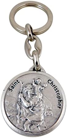 Silver Toned Base Saint Christopher Protect Our Travels Medal Keychain, 1 1/2 Inch