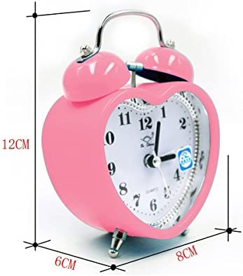 Monique Students Seniors 3in Twin Bell Loud Alarm ,Silent Analog Quartz Nightlight Clock Battery Operated for Heavy Sleepers Heart Shape Pink