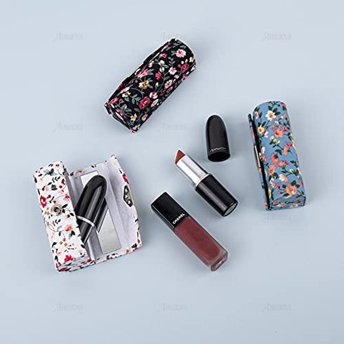 AUEAR, 4 Pcs Women Floral Lipstick Case with Mirror Lipstick Holder for Purse Travel Makeup Storage Organizer (Small Flower Pattern)