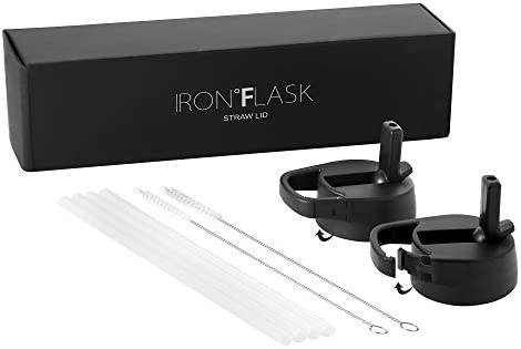 IRON °FLASK Carabiner Straw Lid for Wide Mouth Insulated Sports Water Bottles, Simple BPA Free, 2 Lids, 4 Straws, 2 Cleaning Brushes