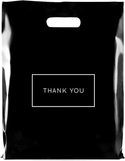 Purple Q Crafts Die Cut Plastic Shopping Bags with Thank You Logo 9" x 12" Boutique Bags with Handles 50 Pack for Merchandise, Gifts, Trade Shows and More