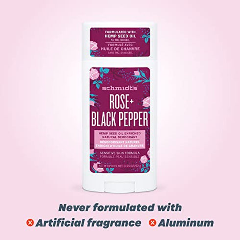 Schmidt's Aluminum Free Natural Deodorant for Women and Men, Rose + Black Pepper for Sensitive Skin with 24 Hour Odor Protection, Certified Cruelty Free, Vegan Deodorant, 3.25 Ounce (Pack of 3)