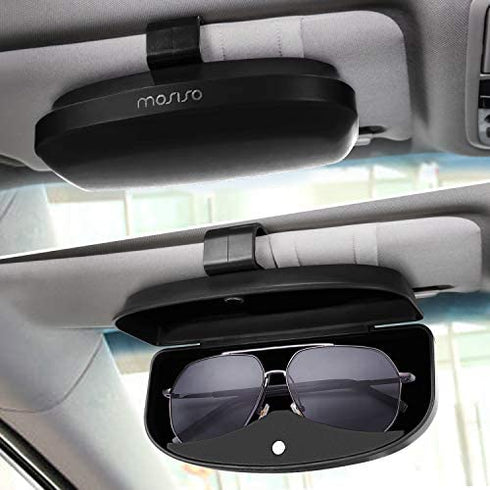 MOSISO Car Visor Sunglasses Case, Universal Automotive ABS Eyeglasses Holder Protective Box Clip Eyewear Hard Shell Storage Organizer with Magnetic Closure and Double Card Clamp, Piano Black