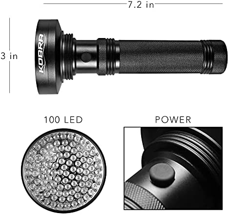 Kobra Black Light Flashlite - 100 LED UV Flashlight Black Light for Pet Urine Detection - Lamp & Black Light Flashlight for Inspection - UV Light Flashlight Intensity 18W 385-395nm LEDs Scorpions
