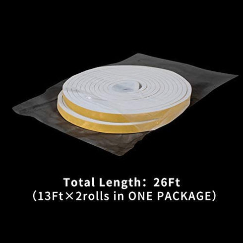 fowong White Door Weather Stripping 26 Feet, 1/2 Inch Wide X 1/4 Inch Thick, High Density Foam Tape Roll Neoprene Rubber Adhesive Weatherstrip Door Seal, Window Insulation, 2 Rolls X 13 Ft Each