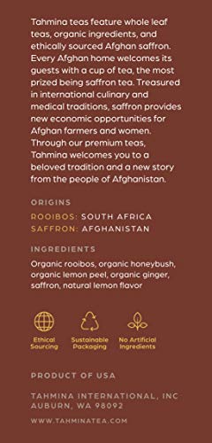 Tahmina Saffron Rooibos Tea: South African Herbal Tea Blend with Afghan Saffron, Decaffeinated Tea, 12 Biodegradable Pyramid Tea Bags, Makes 36 Cups of Tea (1 Pack)