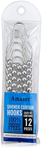 Amazer Shower Curtain Hooks Rings, Rust Proof Stainless Steel Shower Curtain Rings, Shower Hooks for Shower Curtain Bathroom Shower Rings -Set of 12, Polished Chrome