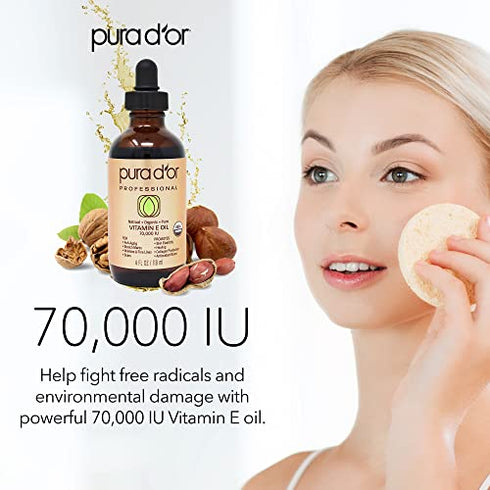 PURA D'OR Organic Vitamin E Oil Blend (4oz / 118mL) 70,000 IU 100% Pure Natural Hexane Free - Sweet Almond, Apricot, Jojoba, Argan, Rosehip, Sunflower & Avocado Oil For Scars, Skin, Face, Bath & Body