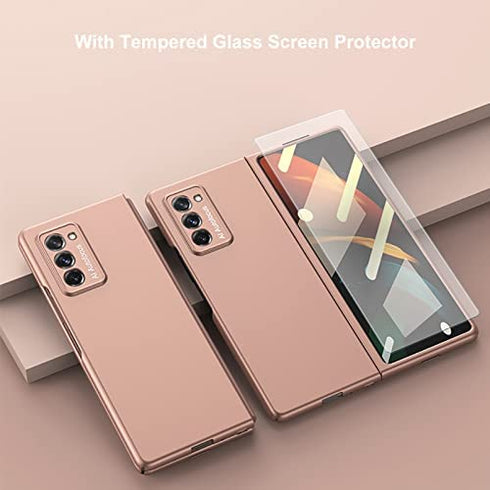 Case for Samsung Galaxy Z Fold 2 5G,Case with Glass Tempered Film,Ultra-Thin Anti-Knock Combination Film Hard Matte Cover (Rose Gold)
