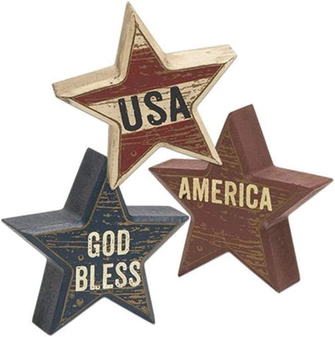 HAPPY DEALS ~ Set of 3 | Wooden Distressed Patriotic Star Sitter Blocks Tabletop Decor - USA, America and God Bless - 3 pc Set - 4 inch
