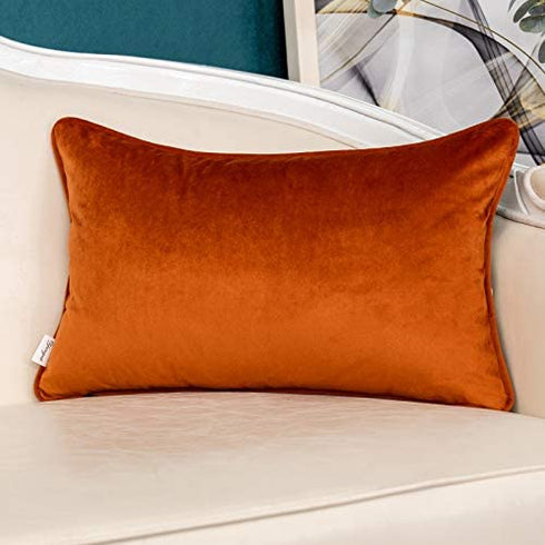 Yangest Burnt Orange Striped Patchwork Velvet Lumbar Throw Pillow Cover Gold Leather Cushion Case Modern Zippered Oblong Pillowcase for Sofa Couch Bedroom Living Room Home Decoration, 12x20 Inch
