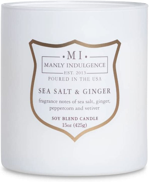 Manly Indulgence Sea Salt & Ginger Scented Jar Candle, Signature Collection, Soy Wax Blend, Wooden Wick, 15oz, White