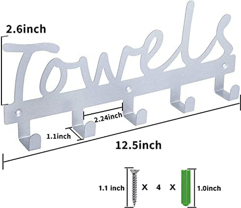 Towel Racks Wall Mount 5 Hooks,Bathroom Hooks Towel Holder Matte Nickel Towel Racks,Rustproof and Waterproof for Bath Towel Organizer,Bedroom,Kitchen,Living Room Towels, Clothing,Keys,Easy Install