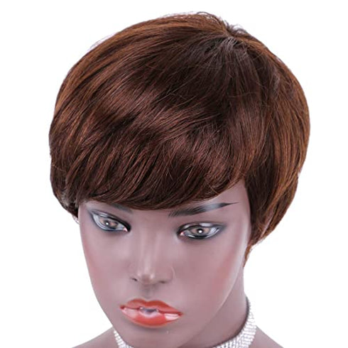 REYNA Short Straight Brown 100% Virgin Brazlian Bob Pixie Cut Wavy Non Lace Human Hair Wig with Bangs for Black Women(4#)