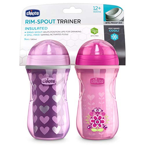 Chicco Insulated Rim Spout Trainer Spill Free Baby Sippy Cup 9 oz. - Two Pack, Pink/Purple
