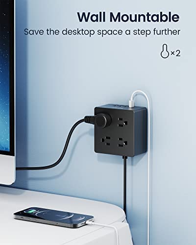Power Strip, SUPERDANNY 4-Outlet 4-USB Surge Protector, 5 Ft Extension Cord, 900 Joules, Overload Switch, Grounded, Mountable, Desktop Charging Station for Home, Office, School, Dorm, Computer, Black