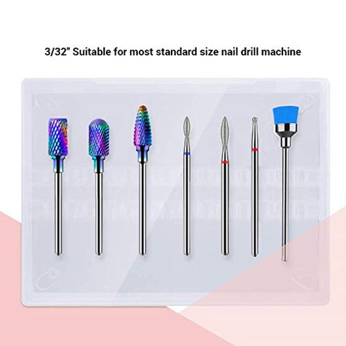 MelodySusie Nail Drill Bits Set, 7pcs Tungsten Carbide Diamond Nail Drill Bits for Acrylic Nails Poly Gel Cuticle Remove, 3/32'' Professional Nail Bits for Nail Drill Efile, Manicure Pedicure Tools