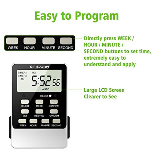 Outlet Timer, NEARPOW Dual Digital Light Timer with 2 Independently-controlled Outlets, 18 ON/OFF Programs, 24-Hour and 7-Day Programmable,Indoor Heavy Duty Electrical Timer Switch, 3 Prong, 15A/1800W