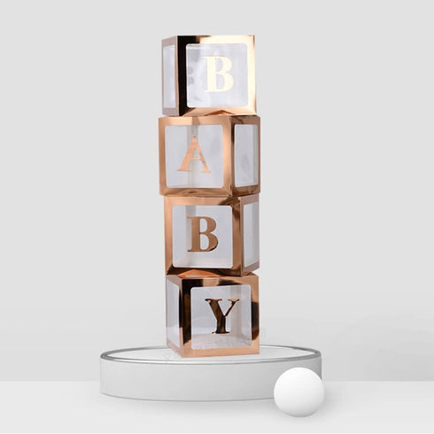 YJHSS Baby Shower Boxes Decorations for Girl & Boy, 4-Pack Transparent Balloons Boxes Décor with BABY Letters for Gender Reveal Baby Shower Decorations Bridal Showers Birthday Party, Rose Gold