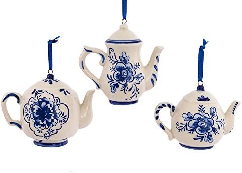 Kurt Adler 2-3" Porcelain Delft Blue Teapot Ornament Set of 3