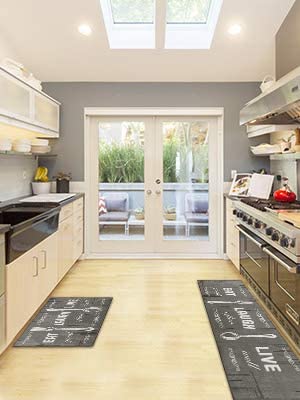 Carvapet 2 Piece Kitchen Rug Set Non-Slip Backing Mat Throw Rug for Kitchen Doormat Runner Rug Set, Motto Design, Grey (17"x48"+17"x24")
