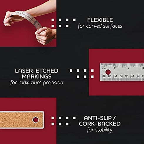Breman Precision Metal Ruler 15 Inch - Stainless Steel Cork Back Metal Ruler - Premium Steel Straight Edge 15 inch Metal Ruler - Flexible Stainless Steel Ruler - Imperial and Metric Ruler