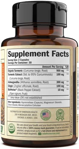 Turmeric Curcumin Ashwagandha, Ginger, Bioperine. Occasional Joint Discomfort Relief Supplement. Antioxidant Properties for Healthy Thyroid and Adrenal Support, and Balanced Cortisol Levels.