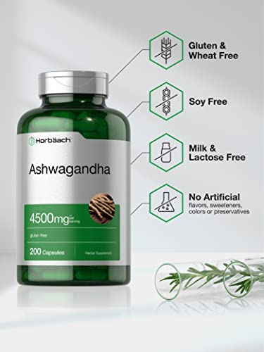 Ashwagandha Capsules 4500mg | 200 Count | with Black Pepper | Gluten Free Root Extract | by Horbaach
