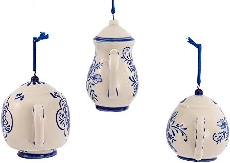 Kurt Adler 2-3" Porcelain Delft Blue Teapot Ornament Set of 3