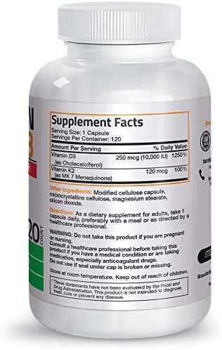 Bronson Vitamin K2 (MK7) with D3 Extra Strength Supplement Bone and Heart Health Non-GMO Formula 10,000 IU Vitamin D3 & 120 mcg Vitamin K2 MK-7 Easy to Swallow Vitamin D & K, 120 Capsules