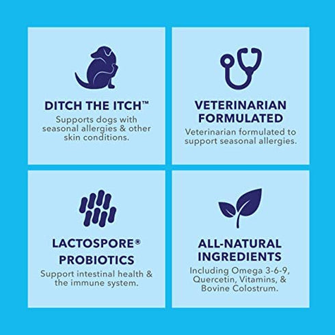 Vetnique Labs Dermabliss Dog Allergy and Itch Relief, Skin and Coat Health Supplements and Grooming Supplies with Omega 3-6-9, Biotin - Ditch The Itch (Allergy Chews, 30ct)