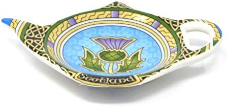Scotland Teabag Holder with Thistle - Teapot Shaped Resting Caddy Saucer/Scottish Thistle TeaBag Saucer - Made of New Bone China Celtic Accessories Diameter 4"/10cm