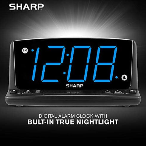 SHARP LED Digital Alarm Clock – Simple Operation - Easy to See Large Numbers, Built in Night Light, Loud Beep Alarm with Snooze, Bright Big Blue Digit Display