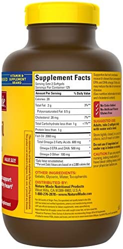 Nature Made Fish Oil 1000 mg, 250 Softgels Value Size, Omega 3 Supplement For Heart Health
