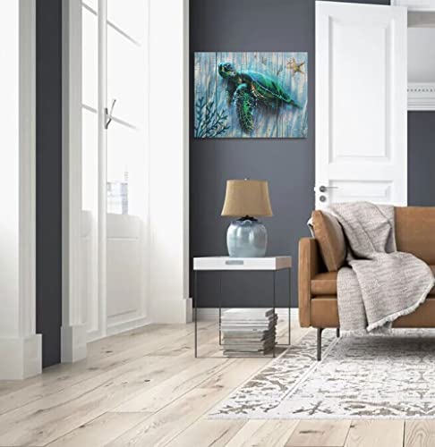 Arjun Bathroom Decor Teal Canvas Green Sea Turtle Wall Art Prints Submarine Picture One Panel 16"x12" Blue Sea-Plant Modern Landscape Painting Framed for Living Room Bedroom Home Office Spa Wall Decor