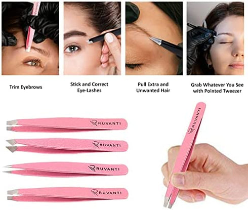 Ruvanti-4 Piece Professional Stainless Steel Tweezers Set - Eyebrow Tweezers, Slant tip, Pointed & Straight Best Precision Tweezers for Facial & Ingrown Hairs,Splinter & Hair Removal Tweezers (Pink)