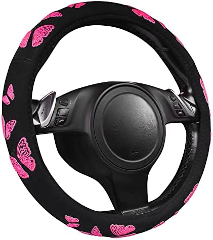 Car Pass Hot Pink Butterfly Universal Steering Wheel Cover, Fit for Suvs,Trucks,Sedans,Cars for Cute Women Girly (Hot Pink)
